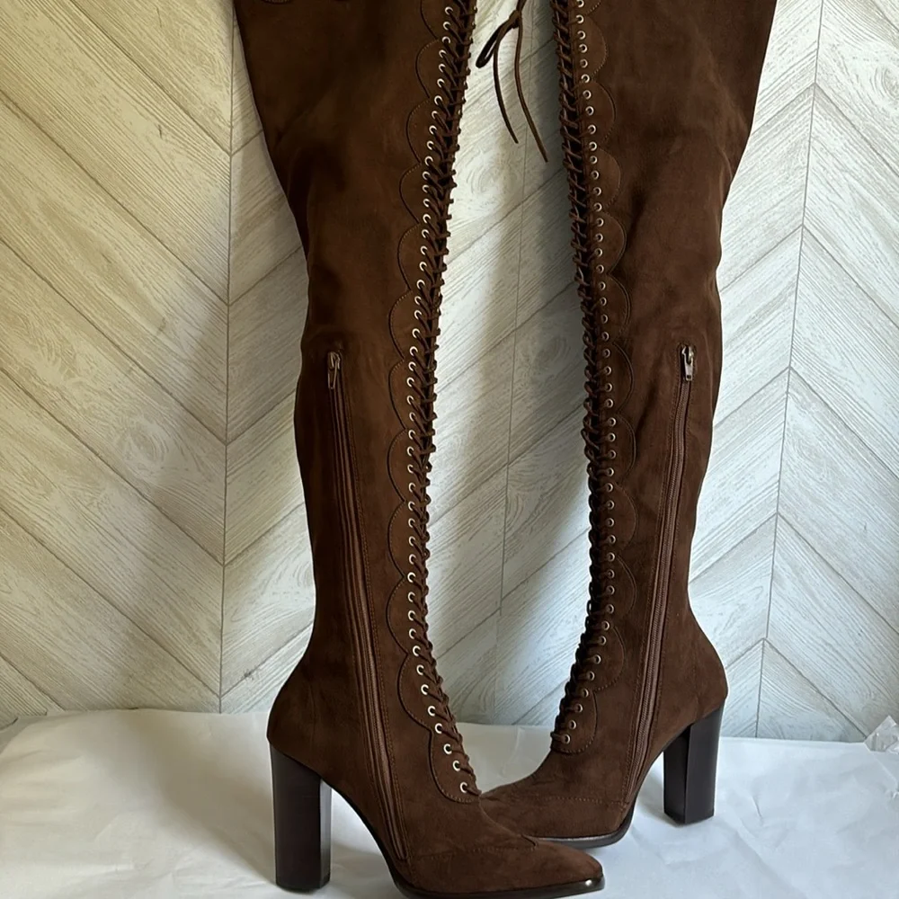 NEW Jeffrey Campbell Olianna over the knee lace up boots brown 6.5